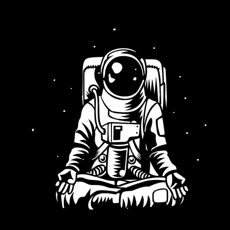 Yoga Space. astronaut meditating in open capacity. Cosmonaut Zen and relaxation. Man in pressure suit knowledge and enlightenmentのイラスト素材
