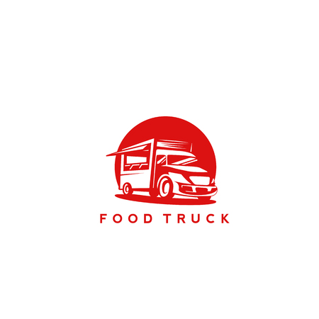 minimal icon of red color food truck on white background with typography vector illustration design.のイラスト素材