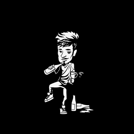 Young guy drink alcoholic from plastic fitness bottle on black background vector illustration design.のイラスト素材