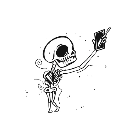 Skeleton holds mobile phone vector illustration design.のイラスト素材