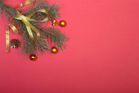 Christmas background with gift boxes and decorations. Top view.