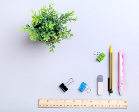 office supplies and gadgets on desk. Top View.の写真素材