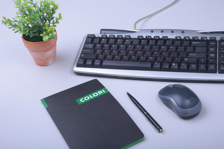 office supplies and gadgets on desk. Top View.の写真素材