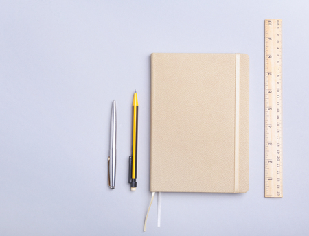 office supplies and gadgets on desk. Top View.の写真素材