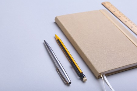 office supplies and gadgets on desk. Top View.の写真素材