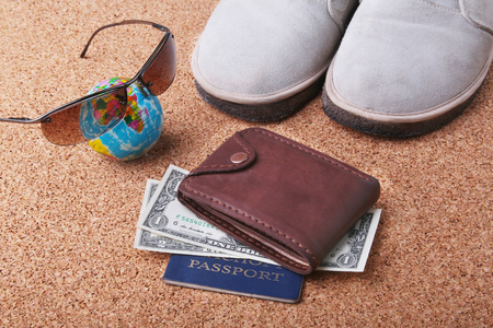 Set of mens accessories for the tourist on a white wooden background. The concept of fashion, leisure and travel.の写真素材