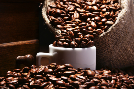 Fresh roasted coffee beans in burlap sack, coffee cup and grinder on dark background.の写真素材