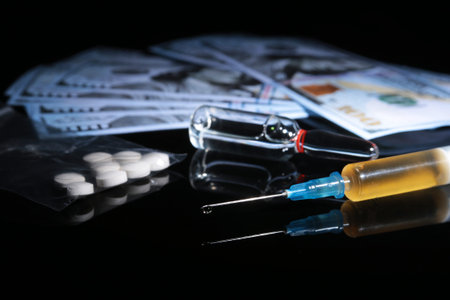 drug trafficking, crime, addiction and sale concept - closeup of with drugs and money.