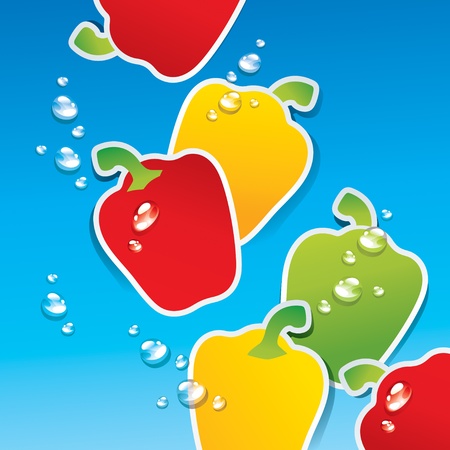 Background from multicolored paprika in the water with the air bubbles. Vector illustration.のイラスト素材