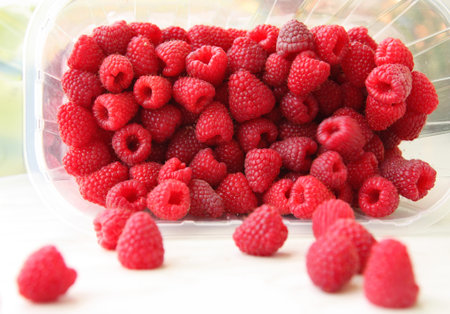 A lot of a ripe juicy raspberry in a plastic basket.