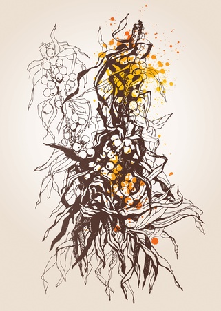 Sea-buckthorn berries. A graphic made by a pen with spots and sprays on a beige background. Vector illustration.のイラスト素材