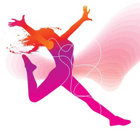 The dancer. Colorful silhouette with lines and sprays on abstract background. Vector illustration.のイラスト素材
