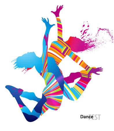 Two dancing girls with colorful spots and splashes on white background. Vector illustration.のイラスト素材