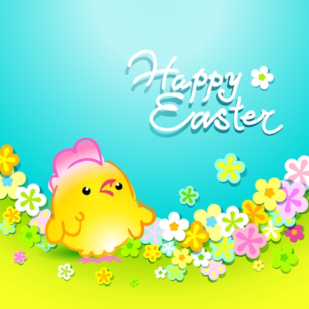 Easter card with a nice chicken in a meadow with flowers. Vector illustration.のイラスト素材