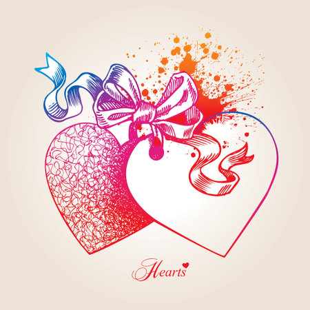 Valentine card with two hearts, bow and ribbons on a beige background. Hand drawn illustration, vector.のイラスト素材