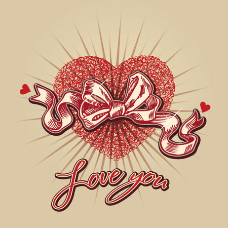 Valentine card with heart, bow and lettering on a beige background. Hand drawn illustration, vector.のイラスト素材