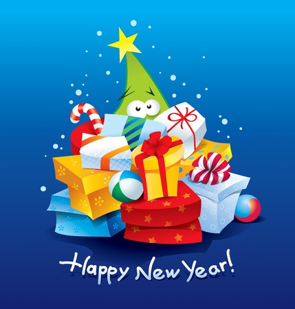 Funny Christmas tree with lots of gifts in a colorful packaging on a dark blue backgroundのイラスト素材