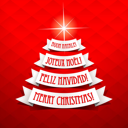 Christmas tree with greetings in different languages on a red background. Vector illustration.のイラスト素材