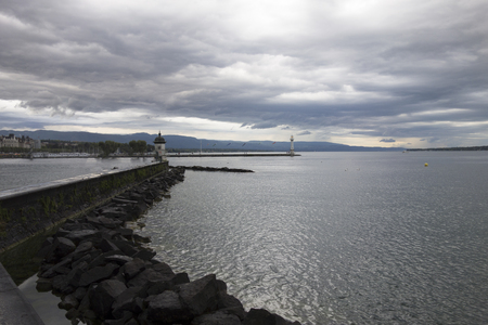 Lake leman in the city of Geneva, Switzerlandの写真素材