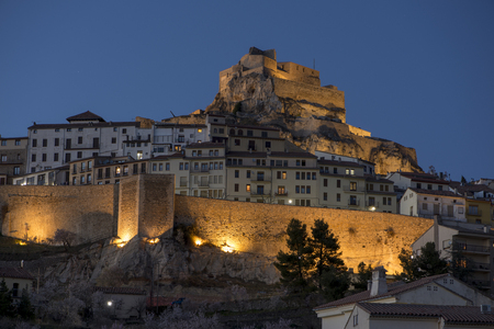 The town of Morella illuminated at night, Spainのeditorial素材