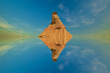 Reflections of a small hill in the water under the blue sky, mounting