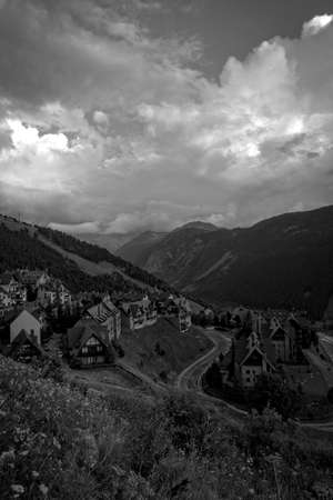Houses in the Pyrenees mountains in black and white, Spainの写真素材