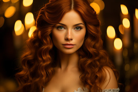 Beautiful young woman with curly red hair in luxury interior. Beauty, fashion.の素材