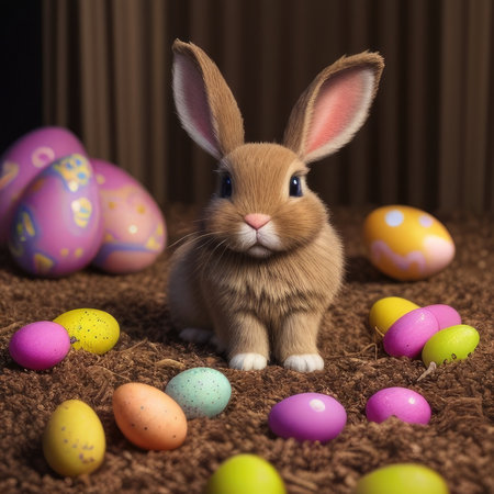 Easter bunny and easter eggs on brown background with copy spaceの素材