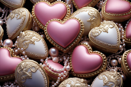 Heart-shaped chocolates with pearls on a black backgroundの素材
