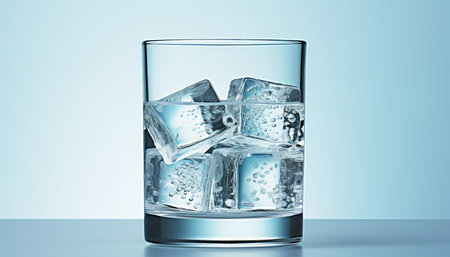 Glass of water with ice cubes on blue background. 3d illustrationの素材