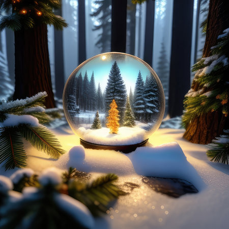 Snow globe with fir trees in snowy forest. Christmas and New Year backgroundの素材