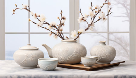 Japanese tea ceremony. white clay cups and teapot with cherry blossomの素材