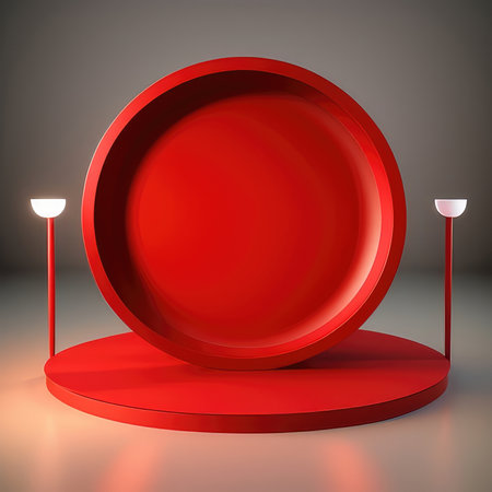 Round red podium with lamps on a dark background. Vector illustration.の素材
