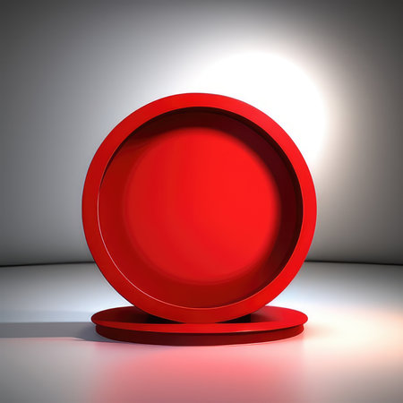 Round red podium in the dark room. 3D render. Vector illustration.の素材