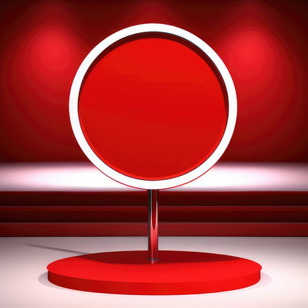 Round red sign on a stand on a red background. Vector illustrationの素材