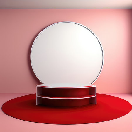 Round podium on red background. 3d render. Showcase.の素材