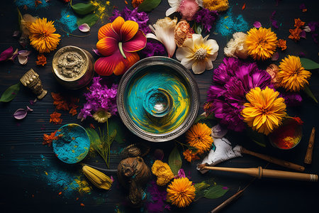 Exquisite traditional indian holi colors and fragrant spices on dark rustic backgroundの素材