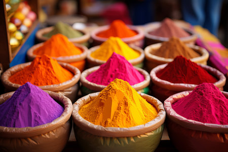 Vibrant traditional indian holi colors and spices on dark rustic backdropの素材