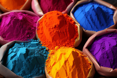 Exquisite traditional indian holi colors and fragrant spices on dark rustic backgroundの素材