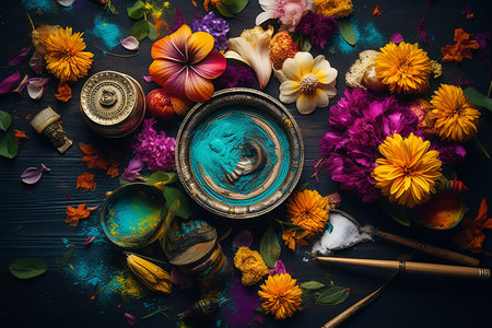 Vibrant traditional indian holi colors and spices infused with culture on dark rustic backgroundの素材
