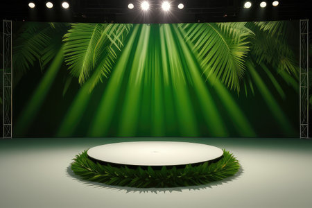 white round podium with leaves for product presentation, tropical, greenの素材