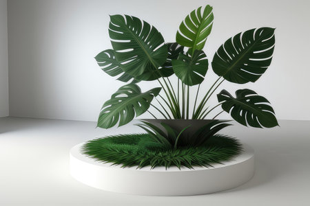 3d rendering of a white podium with monstera leaves on itの素材