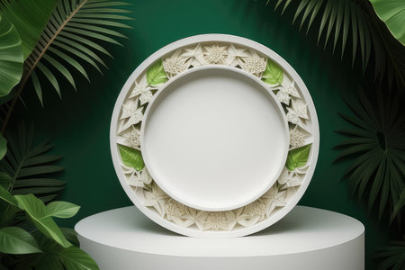 white round podium with leaves for product presentation, tropical, greenの素材