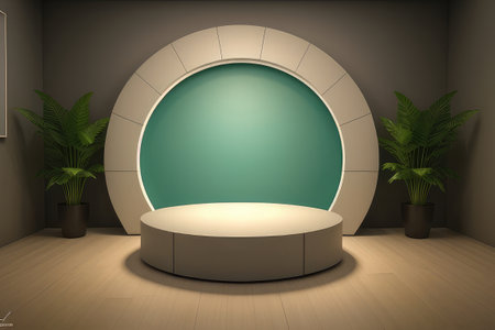 white round podium with leaves for product presentation, tropical, greenの素材