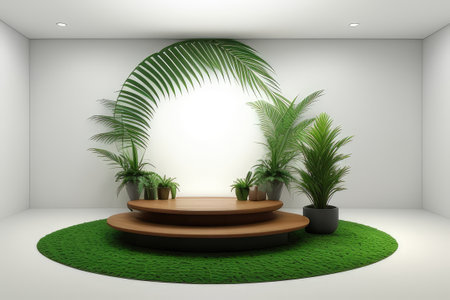 white round podium with leaves for product presentation, tropical, greenの素材
