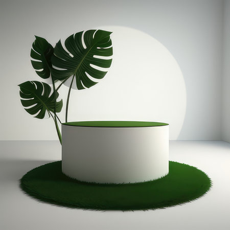 white round podium with leaves for product presentation, tropical, greenの素材
