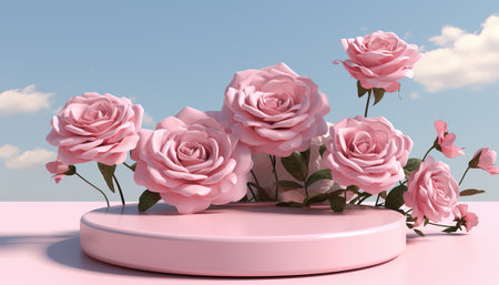3d render of pink rose on pedestal with blue sky backgroundの素材