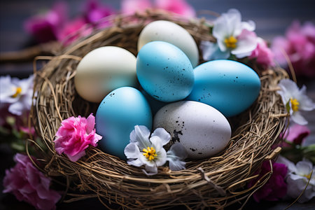 Easter eggs in a nest with spring flowers on a wooden backgroundの素材