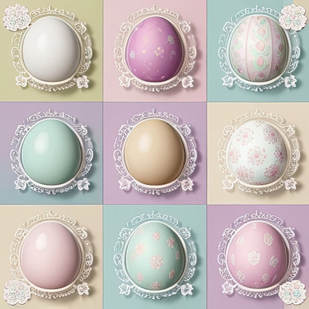 Set of Easter eggs with lace ornament in pastel colors.の素材