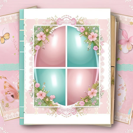Easter greeting card with eggs and flowers on pink wooden background.の素材